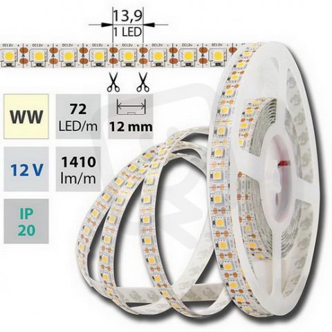 LED pásek SMD5050 WW, 72LED/m, IP20, 5m, 12V, 17,3 W/m