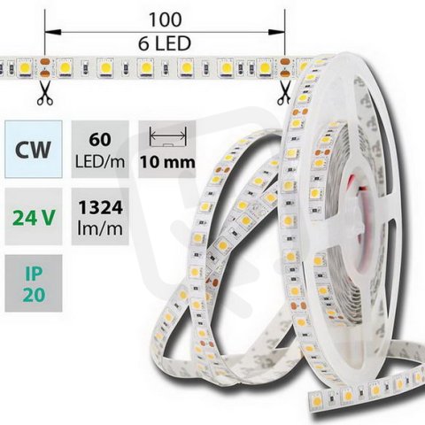 LED pásek SMD5050 CW, 60LED/m, 14,4W/m, DC 24V, 1515lm/m, IP20, 10mm, 50m