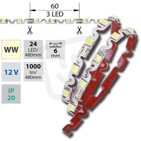 LED pásek SMD5050 WW, ohebný 24LED, IP20, 12V, 6,7 W/m