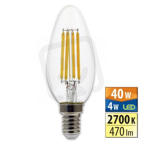 LED žárovka svíčka 4W, E14, 2700K, CRI 80, 320°, 470lm, PF 0,4, 38mA