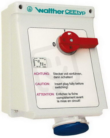 Nástěnná zásuvka 63A 3P 400V 9h IP44, s 2pól. vypínačem, se zajištěním AE160309