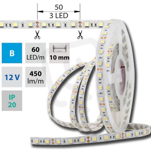 LED pásek SMD5050 modrý, 60LED/m, 14,4W/m, DC 12V, 450lm/m, IP20, 10mm, 50m