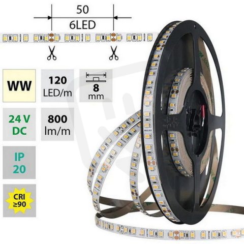 LED pásek SMD2835 WW, 120LED/m, 9,6W/m, DC 24V, 800lm/m, CRI90, IP20, 8mm, 50m