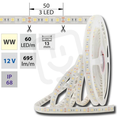 LED pásek SMD5050 WW, 60LED/m, 14,4W/m, 1065lm/m, IP68, DC 12V, 13mm, 5m