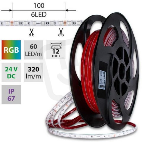 LED pásek SMD5050 RGB, 60LED/m, 12W/m, DC24V, 320lm/m, IP67, 12mm, 50m