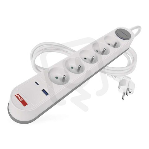 Prodlužovací kabel 3m, 5 zásuvek, vypínač, bílá, 1×USB-A/C, 1,5mm2, EMOS P1513FC