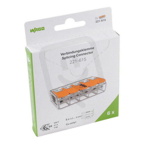 Páčková spojovací svorka 5x 0,5-6 mm2 (CYA) WAGO 221-615/995-006