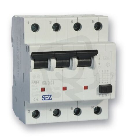 Proudový chránič 4póly, 40A, 300mA, 10kA SEZ KR PFB4 40/0,3