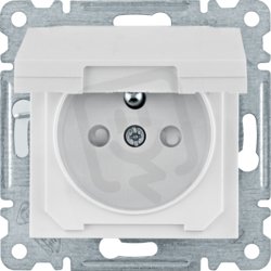 Zásuvka se zemnícím kolíkem, s clonkami a víčkem, IP44, bílá lesk HAGER WL1140