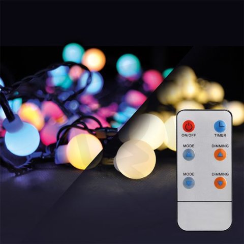 LED 2v1 venkovní vánoční řetěz koule 100LED RGB+bílá 10m 8 funkcí IP44 1V08-RGB