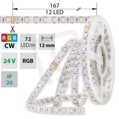LED pásek SMD5050 RGB+CW, 72LED/m, 17,2W/m, 1125lm/m, IP20, DC 24V, 12mm, 5m