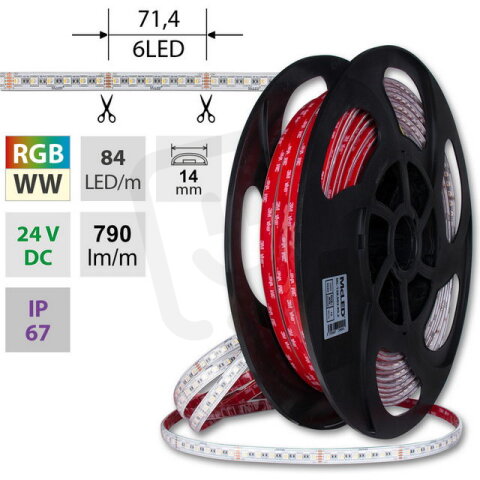 LED pásek SMD5050 RGB + WW, 84LED/m, 15W/m, DC24V, 790lm/m, IP67, 14mm, 5m