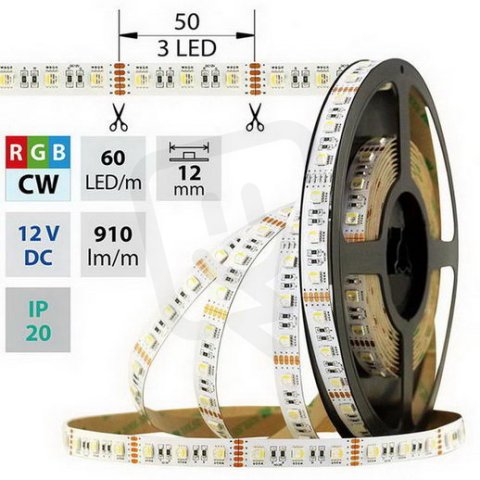 LED pásek SMD5050 RGB + CW, 60LED/m, 19,2W/m, 910lm/m, IP20, DC 12V, 12mm, 50m