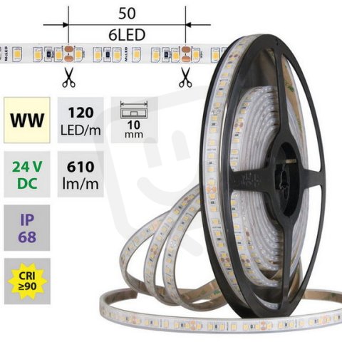 LED pásek SMD2835 WW, 120LED/m, 9,6W/m, DC 24V, 610lm/m, CRI90, IP68, 10mm, 5m