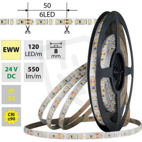 LED pásek SMD2835 EWW, 120LED/m, 9,6W/m, DC 24V, 550lm/m, CRI90, IP54, 8mm, 5m