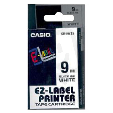 Páska CASIO originální plastová samolepicí šíře 9mm,černá na bílém,návin 8m