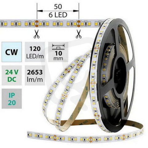 LED pásek SMD2835 CW, 120LED/m, 28,8W/m, 2653lm/m, IP20, DC 24V, 10mm, 50m