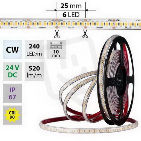 LED pásek SMD2835 CW, 240LED/m, 6W/m, DC 24V, 520lm/m, CRI90, IP67, 10mm, 50m