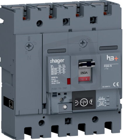 Kompaktní jistič h3+ P250 Energy 40 kA, 4-pólový, In 250 A HAGER HNT251NR