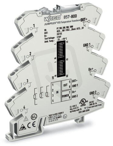 Měřicí transformátor teploty pro senzory RTD, 24 V DC světle šedá WAGO 857-800