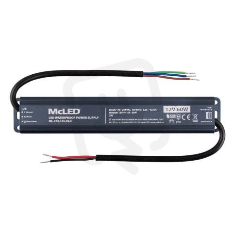 Napájecí zdroj 60W, DC12V/5A, IP67, hliníkové provedení MCLED ML-732.105.39.0