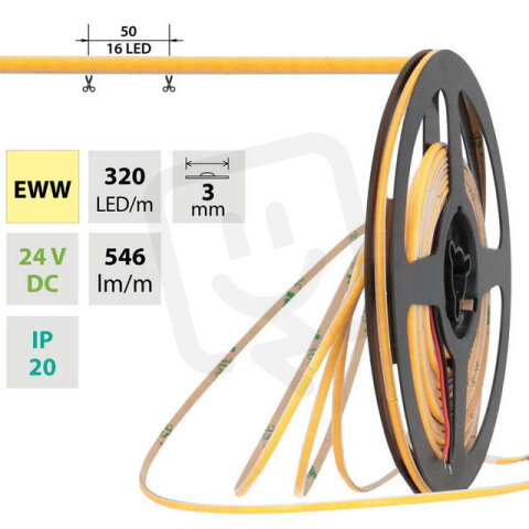 LED pásek COB EWW 320LED/m 6W/m DC 24V 546lm/m CRI90 IP20 modul 50mm 3mm 10m