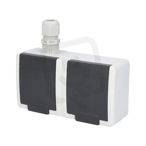 ATLAS 2K IP65 Zásuvka 2x 2P+PE, 2-nás vodorovná s vývodkou M20, na povrch, šedá