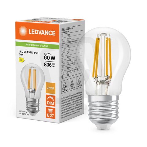 Světelný zdroj LED CLASSIC P DIM P 5.9W 827 Clear E27 LEDVANCE 4099854778384