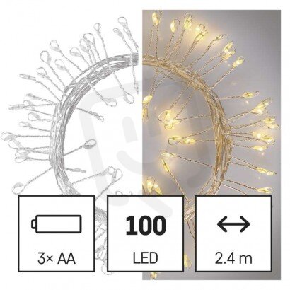 LED vánoční nano řetěz ježek, 2,4 m, 3x AA, vnitřní, teplá bílá, časovač