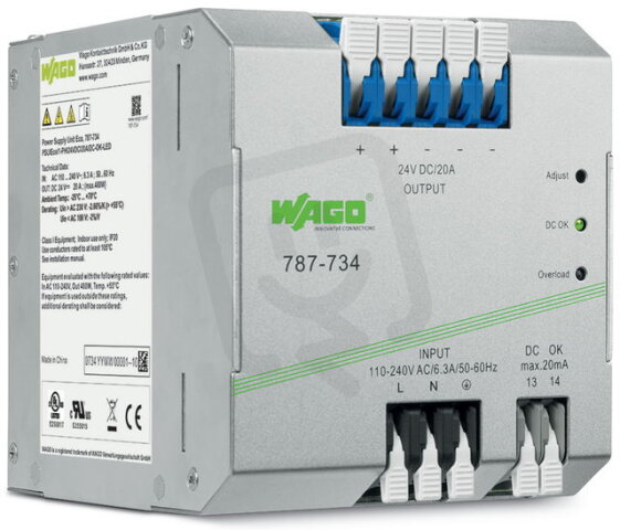 Spínaný napájecí zdroj Eco 1fáz. 24V DC 20 A Kontakt DC OK 6,0mm2 WAGO 787-734