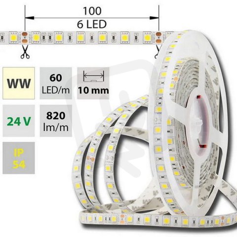 LED pásek SMD5050 WW, 60LED/m, 14,4W/m, 1036lm/m, IP54, DC 24V, 10mm, 5m
