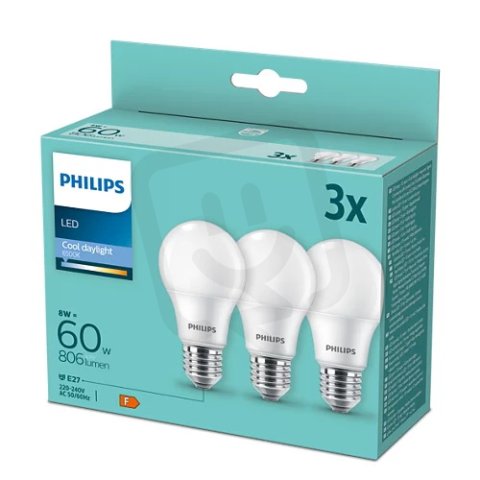 LED žárovka PHILIPS sada 3ks 8-60W A60 E27 CDL FR ND 3PF/6