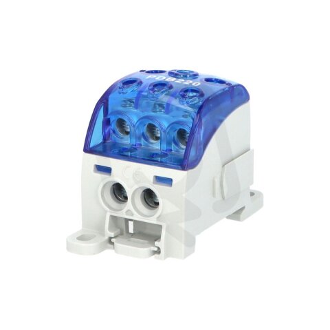 Blok pro rozdělení fází PDB 220, 1pól., 210A, 690V, modrý/průhl. víko, na DIN