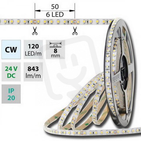 LED pásek SMD3528 studeně bílý, 120LED/m, IP20, DC 24V, 8mm, 50m