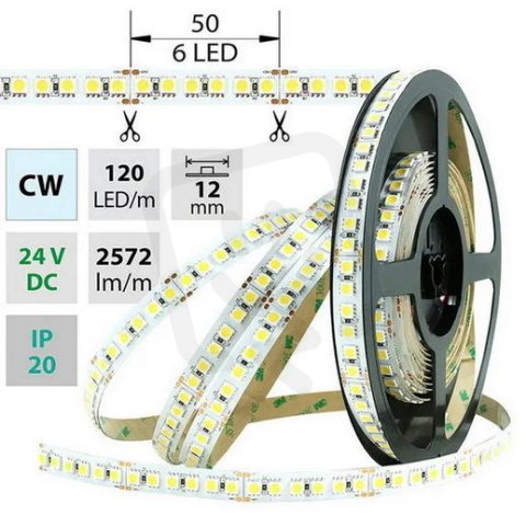 LED pásek SMD5050 CW, 120LED/m, 28,8W/m, 2572lm/m, IP20, DC 24V, 12mm, 50m