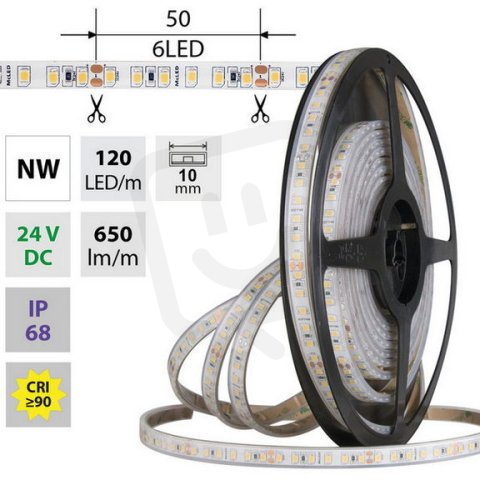 LED pásek SMD2835 NW, 120LED/m, 9,6W/m, DC 24V, 650lm/m, CRI90, IP68, 10mm, 5m
