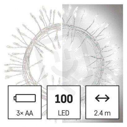 LED vánoční nano řetěz ježek, 2,4 m, 3x AA, vnitřní, studená bílá, časovač
