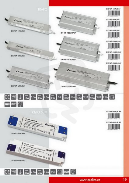 Elektronické trafo,230V-12V,12.5A,150W ECOLITE DX-WP-150W/IP67