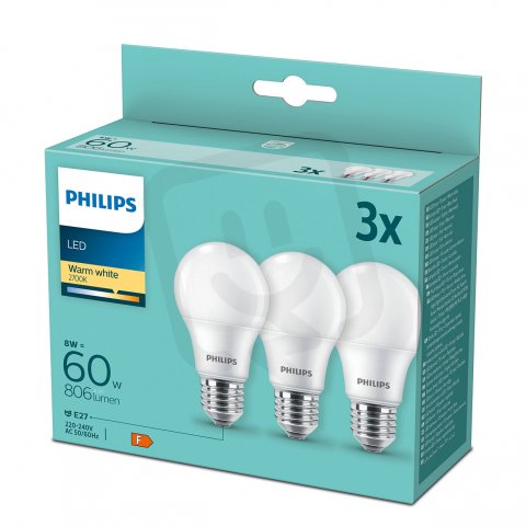 SET žárovek 3ks LED Philips mini globe 8-60W E27 A60 teplá bílá